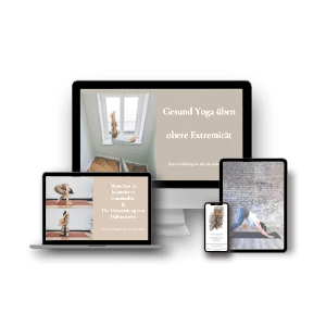 Tablet, Computer, Handy und Laptop zeigen Informationen über Weiterbildung Gesund Yoga üben
